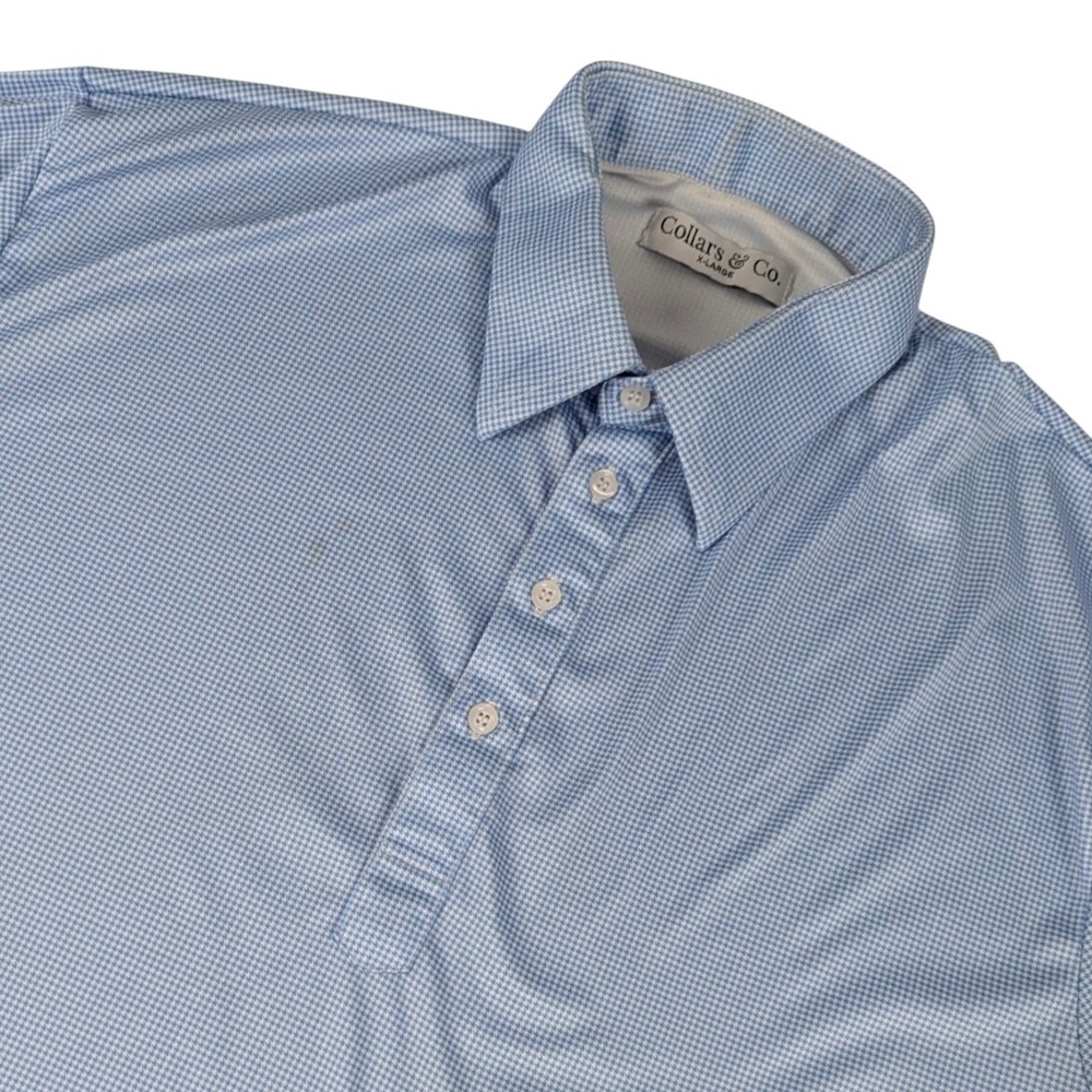 Collars & Co Mens XL Blue White Micro Check Dress Collar Polo Shirt Short Sleeve